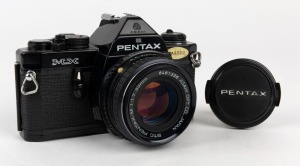 ASAHI KOGAKU: 1976 black-body Pentax MX SLR camera [#4307675], with SMC Pentax-M 50mm f1.7 lens [#6461336] and front lens cap.