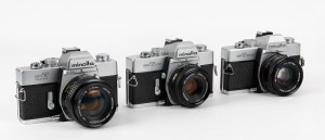 MINOLTA: Three circa 1970s Minolta SLR cameras - one SRT Super [#1224556] with MC Rokkor-PG 50mm f1.4 lens [#3297936], one SRT-102 [#2078004] with MD Rokkor 45mm f2 lens, and one SRT-100X [#8429754] with MD Rokkor 50mm f2 lens. (3 cameras)