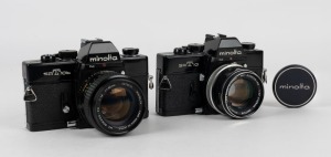 MINOLTA: Two black-body SLR cameras - one circa 1966 SRT-101 [#2306032] with MC Rokkor-PF 55mm f1.7 lens [#2847278] and metal lens cap, and one circa 1975 SRT-101b [#4208404] with MC Rokkor-PG 50mm f1.4 lens [#3275010]. (2 cameras)