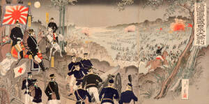 Housai Yoshikage (died 1922): Japanese woodblock print Sino-Japanese war. 70 x 35cm