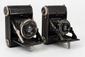 ZEISS IKON: Two Ikonta 520/18 'Baby Ikonta' vertical-folding cameras - one circa 1936 [#Y79025] with Novar 50mm f3.5 lens [#1283868] and Compur shutter, and one circa 1932 [#T35496] with Novar 50mm f4.5 lens and Derval shutter. (2 cameras)