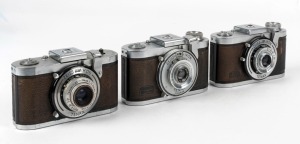 ZEISS IKON: Three circa 1940s Tenax I 570/27 35mm square-format cameras, each with varying lens and shutter details. (3 cameras)