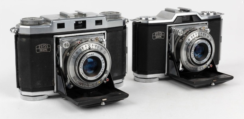 ZEISS IKON: Two horizontal-folding cameras - one circa 1951 Contina I 522/24 [#A 99978], and one circa 1952 Contina II 524/24 [#B 13993], both with Novar 45mm f3.5 lenses and Prontor-SV shutters. (2 cameras)