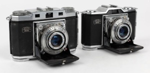 ZEISS IKON: Two horizontal-folding cameras - one circa 1951 Contina I 522/24 [#A 99978], and one circa 1952 Contina II 524/24 [#B 13993], both with Novar 45mm f3.5 lenses and Prontor-SV shutters. (2 cameras)