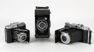 VARIOUS MANUFACTURERS: Three circa 1950 vertical-folding cameras - one Tokyo Seiki Doris P [#7527], one Franka Werke Rolfix I, and one Houghton Ensign Ranger [#D14767]. (3 cameras)