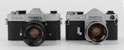 YASHICA: Two 35mm SLR cameras - one circa 1963 Yashica J-3 [#5315352] with Auto Yashinon 50mm f2 lens, and one circa 1972 Yashica TL-Electro [#21100148] with Auto Yashinon-DS 50mm f1.7 lens, both with metal front lens caps. (2 cameras)  - 2