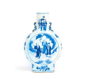 A Chinese blue and white moon flask, decorated with immortals, late Qing Dynasty, late 19th century, 34cm high