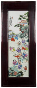 A set of four Chinese enamel porcelain plaques, 20th century, painted with boys in landscapes with inscriptions and seal, approx.125 x 38cm