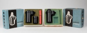 MINOX: Two circa 1953 Bakelite daylight developing tanks - one complete with thermometer, spacers, instruction booklet, and maker's box, and one with maker's box only. (2 items)