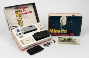 MINOLTA: Circa 1964 Minolta 16-Ps Camera Kit, complete in maker's box with subminiature camera [#658657], leather camera case, leather accessory case, flash unit, filter set, close-up lens set, colour filter set, wrist strap, 15v battery, clamp accessory,