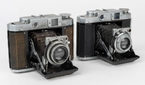 MAMIYA: Two Mamiya-6 IV horizontal-folding cameras - one 1947 example [#31343] with rare Neocon 75mm f3.5 lens [#1869] and Stamina shutter, and one 1957 example [#71845] with Olympus Zuiko F.C. 75mm f3.5 lens [#626785] and Seikosha-Rapid shutter. (2 camer