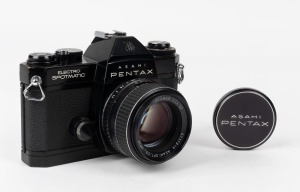 ASAHI KOGAKU: Black-body Pentax Electro Spotmatic SLR camera [#5561500], circa 1972, with SMC Takumar 50mm f1.4 lens [#5737919] and metal front lens cap.