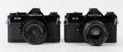 ASAHI KOGAKU: Two 1975 black-body SLR cameras - one Pentax KM [#8119900] with SMC Pentax-M 40mm f2.8 lens [#6620375] and front lens cap, and one Pentax KX [#8224365] with SMC Pentax 55mm f1.8 lens [#1124868]. (2 cameras) - 2