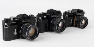 ASAHI KOGAKU: Three circa 1960s black-body SLR cameras - one Pentax ES with SMC Takumar 50mm f4 lens and lens cap, one Pentax Spotmatic with Super-Takumar 55mm f1.8 lens, and one Pentax Spotmatic with Super-Takumar 50mm f1.4 lens. (3 cameras)
