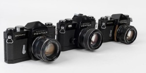 ASAHI KOGAKU: Three circa 1960s black-body SLR cameras - one Pentax ES with SMC Takumar 50mm f4 lens and lens cap, one Pentax Spotmatic with Super-Takumar 55mm f1.8 lens, and one Pentax Spotmatic with Super-Takumar 50mm f1.4 lens. (3 cameras) 