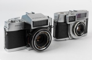 MINOLTA: Two early 1960s 35mm cameras - one Minolta Auto Wide [#115261] with Rokkor 35mm f2.8 lens [#1118051], and one Minolta-ER [#111778] with Rokkor-TD 45mm f2.8 lens [#1107076]. (2 cameras)