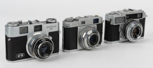 VARIOUS MANUFACTURERS: Three late 1950s rangefinder cameras - one Mamiya ELCA [#836479], one Okaya Lord IVA [#382111], and one Sanei Samoca M-35 [#342741]. (3 cameras)