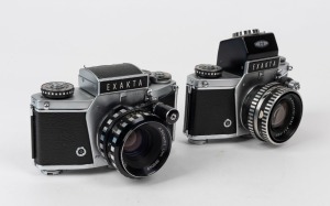 IHAGEE: Two circa 1967 Exakta VX 1000 SLR cameras - one [#1168871] with Pancolar 50mm f2 lens [#8231809], and one [#1141711] with S-Travelon 50mm f1.8 lens [#389049]. (2 cameras)