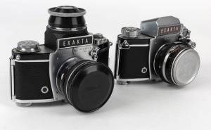 IHAGEE: Two circa 1963 SLR cameras - one Exakta Varex IIa [#975358] with Heinz Kilfitt 40mm f2.8 lens [#245-7884], lens cap, and magnifying unit, and one Exakta Varex IIb [#1086306] with Pancolar 50mm f2 lens [#7106139] and metal lens cap. (2 cameras)