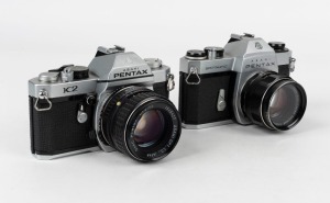 ASAHI KOGAKU: Two SLR cameras - one circa 1964 Pentax Spotmatic [#5360309] with SMC Takumar 55mm f1.8 lens [#5266952] and UV lens filter, and one 1975 Pentax K2 [#7131715] with SMC Pentax 50mm f1.4 lens [#1548427] and front lens cap. (2 cameras)