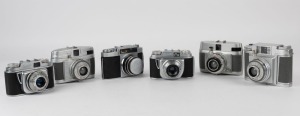 VARIOUS MANUFACTURERS: Six mid 20th-century viewfinder cameras - one Oshiro Emi K with metal lens cap, two Beier Beirette Junior IIs, one Bilora Bella 66, and two different Bilora Bella 44 variants. (6 cameras)