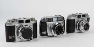 BALDA: Three 1950s rangefinder cameras - one Baldina [#059211] with lens cap, one Super Baldina [#006199], and one Baldamatic I [#112879]. (3 cameras)