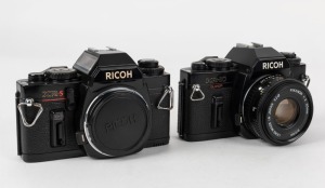 RIKEN OPTICAL: Two early 1980s black-body SLR cameras - one Ricoh KR-10 Super [#79 406610] with Rikenon 50mm f2 lens [#316491], and one Ricoh XR-S camera body [#68 104713], with plastic body cap. (2 cameras)