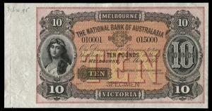 Banknotes - Australia: PRIVATE ISSUE BANKNOTE: THE NATIONAL BANK OF AUSTRALASIA, Ten Pounds, Melbourne 1895; with VICTORIA at base (MVR4P), No 0010001 / 015000 perforated SPECIMEN and dated 1st May 1895; with manuscript date "Feb.26 '95" in still attached margin at left; superb uncirculated condition.