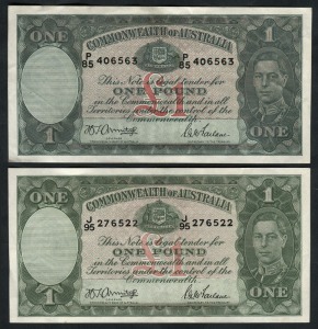 ONE POUND, (R.30a) Armitage/McFarlane, dark green main print, (1942) P/85 406563; together with ONE POUND (R.30b) Armitage/McFarlane, light green main print, J/95 276522, aUnc. (2).