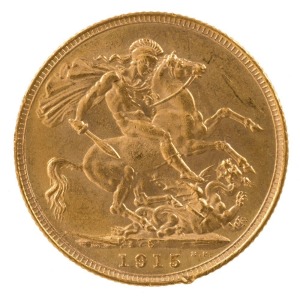 1915 Sovereign, George V, St. George reverse, Sydney, EF; edge ding near 5 of 1915.