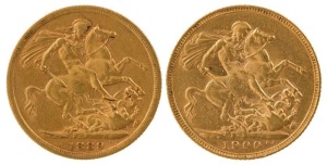 1889 Jubilee head and 1900 Veiled head Sovereigns, St. George reverses, F/VF. (2).