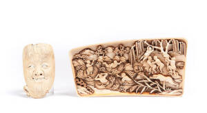 A Chinese ivory plaque carved with naked men frollicking amongst waves, early 20th century 18.8 x 9.5cm, and a Japanese ivory mask, Meiji period, 19th century, 8.8cm long