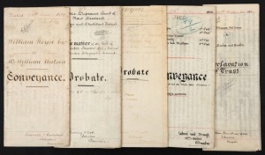 NEW ZEALAND - Revenues: STAMP DUTIES used on original vellum documents: 1879 Conveyance bearing 15/- Stamp Duty + 14/- Land & Deeds; 1910 Conveyance bearing £13/2/6; 1910 Grant of Probate bearing £7/7/8; 1915 Declaration of Trust bearing £82/9/6; and 1919