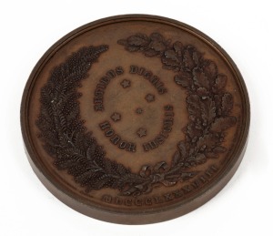 1888 CENTENNIAL INTERNATIONAL EXHIBITION, MELBOURNE, bronze award medal, 76mm, designed by George Anderson, made by Stokes & Martin (Melbourne Mint), 220g, nearly uncirculated. Impressed "F.W. HADDON, ESQ." to rim. Fred Haddon, of Anderson Street, South Yarra, was awarded for his entry in the Dogs Competition.