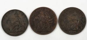 Three trade tokens: 1857 Friedman 1d, 1858 Holloway's Pills 1d and 1859 Peace & Plenty 1d; mixed condition. (3).