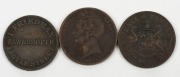 Three trade tokens: 1857 Friedman 1d, 1858 Holloway's Pills 1d and 1859 Peace & Plenty 1d; mixed condition. (3). - 2