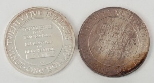 Canada - Coins: TRADE TOKENS: 1975 $25 Holt Renfrew pure silver trade tokens (2); both marked .999 Fine Silver; one numbered #0156.