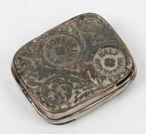 Antique coin holder, silver plate, with J.W.Benson Patent mark; provides spring-mounted storage for 3d, 6d, 1/-, half-sovereign and sovereign pieces.