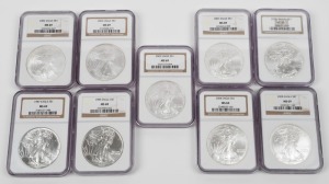 United States of America - Coins$1 Silver Eagles, all NGC MS 69 in slabs: 1987, 1989, 2002 - 2008, (Total: 9).
