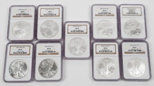 United States of America - Coins$1 Silver Eagles, all NGC MS 69 in slabs: 1987, 1989, 2002 - 2008, (Total: 9).