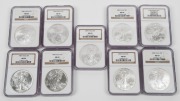 United States of America - Coins$1 Silver Eagles, all NGC&nbsp;MS 69 in slabs: 1987, 1989, 2002 - 2008, (Total: 9).