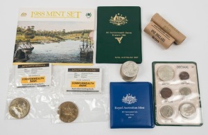 A range of Unc items including 1966 set in BP green wallet; 1966 50c (10); 1982 set in RAM wallet; 1988 set in pack; 1987 $10 in RAM wallet; 1988 $5 (2); 1984 $1 complete RAM roll and 1988 $2 complete RAM roll.