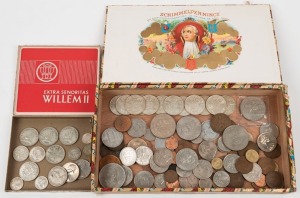 Coins - Australia: An accumulation in an old cigar box; noted 1927 Canberra Florin, 1937 Crown, 1966 50c (12) and a range of other Australian and foreign coins.