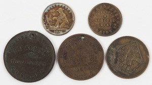 Small group comprising R212 (John Henderson, Freemantle 1d; holed); R404 (R. Parker, Geelong 1d, holed); R463 (N. Shreeve, Adelaide ½d), and R. Horenden & Sons (London) 6d and a California 1849 Gold Prospector token. (5 items).