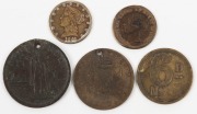 Small group comprising R212 (John Henderson, Freemantle 1d; holed); R404 (R. Parker, Geelong 1d, holed); R463 (N. Shreeve, Adelaide ½d), and R. Horenden & Sons (London) 6d and a California 1849 Gold Prospector token. (5 items). - 2