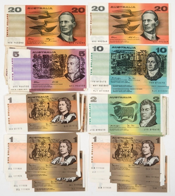 ONE DOLLAR banknotes (32), TWO DOLLAR banknotes (12), $5 (7), all mixed condition; $10 (3, incl. Fraser/Cole aUnc); $20 (2, incl. Fraser/Evans aUnc). 