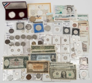 Various pre-decimal and decimal coins in an album and loose; together with several pre-decimal banknotes to £5; very mixed condition. Also some foreign coins and banknotes incl. GB to £10.