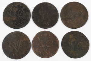 Netherlands - Coins: VOC - NETHERLANDS EAST INDIES: 1 Duit bronze coins, 1733, 1753, 1754 & 1755 (3); Total: 6.