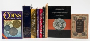 A collection featuring important books on Greek, Roman and other ancient coins; including "Roman Coins" by Kent and Hirmer (1978), "A Dictionary of Roman Coins" by Stevenson (1982), "The Emperor and the Coinage" by Sutherland (1976), "Greek Imperial Coins