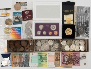 An accumulation including Australian half-pennies, pennies (noted 1925), various 3d, 6d, 1/- and 2/- pieces in mixed condition, a 1937 Crown, 1966 50c (18), a 1977 Proof set, various $1 - $5 paper banknotes, 1988 $5 Parliament House (2), various other decimal coins and several other items.